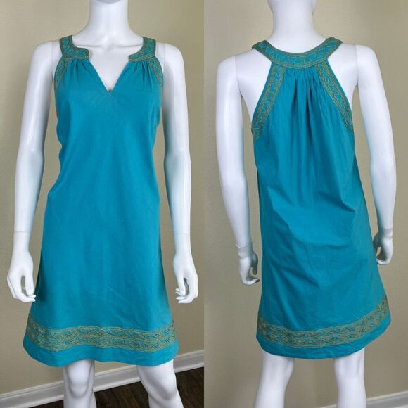 Gretchen Scott Designs Dresses & Skirts - Gretchen Scott Women's Size L Teal Cotton Gold Embrodered Shift Mini Dress Tank